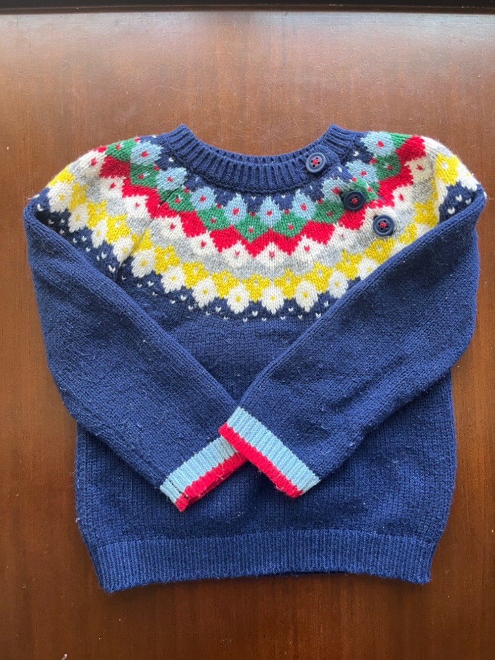 Baby Boden Navy Fair Isle Button-Yoke Sweater with Red, Green, Yellow Accents